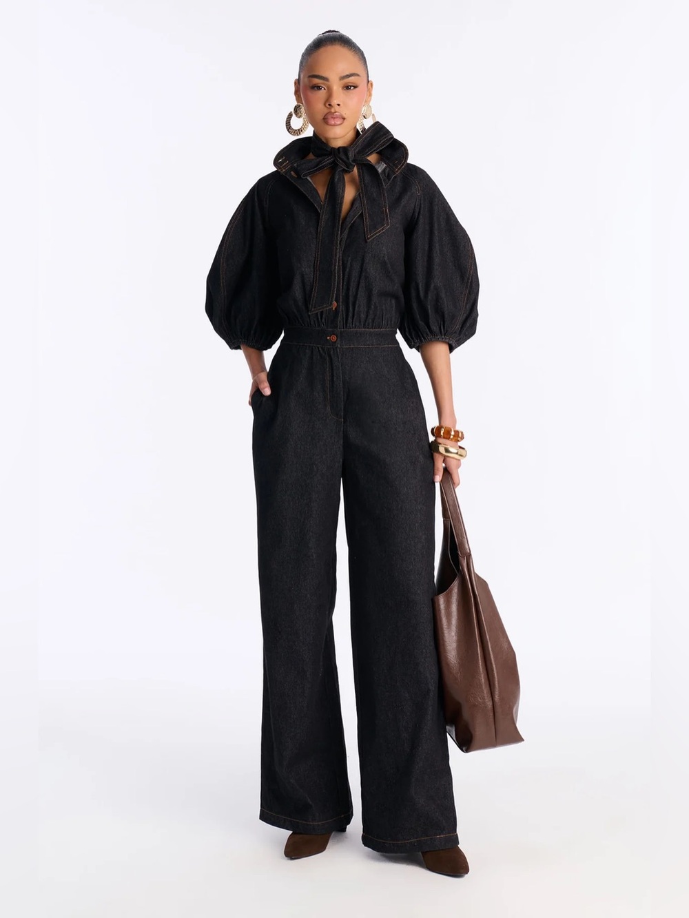 NWT Puff-Sleeve Dark Denim Jumpsuit